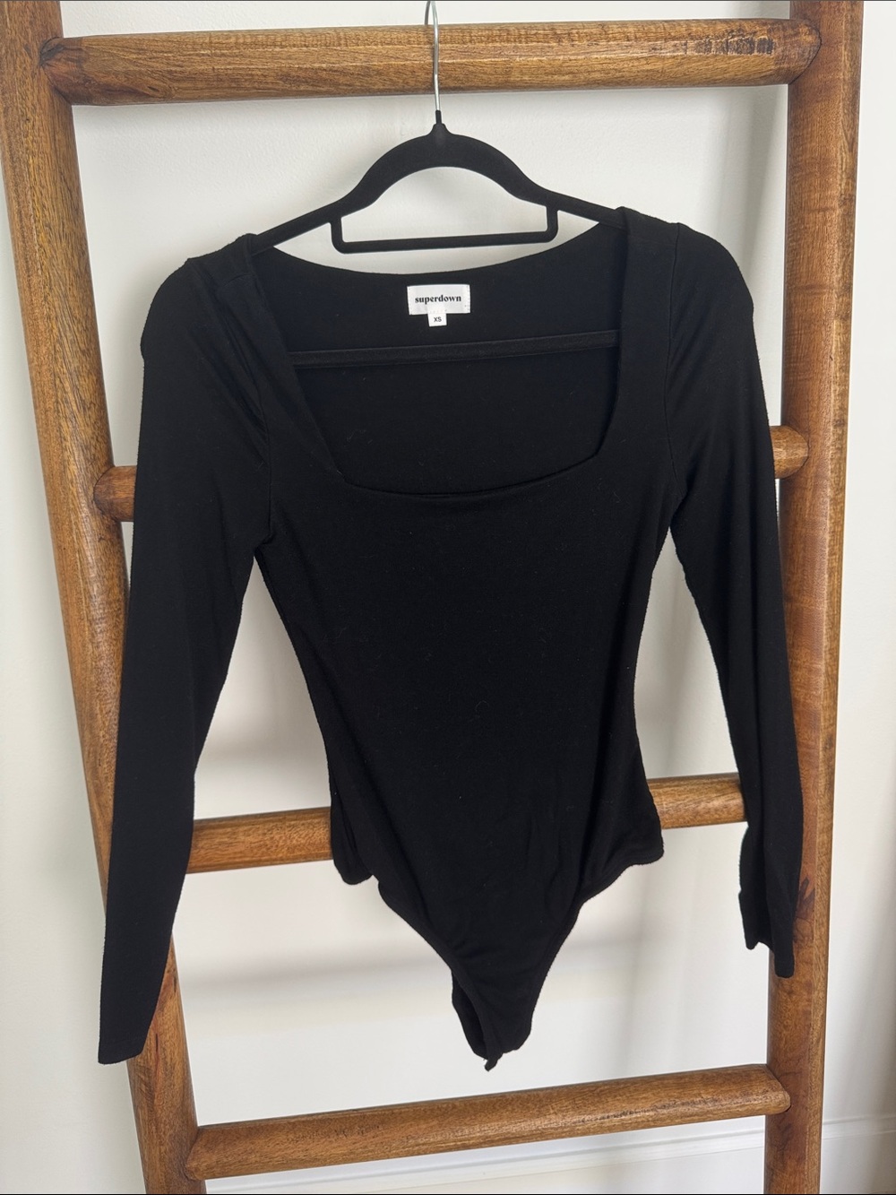 superdown Black Long-Sleeve Square Neck thong Bodysuit